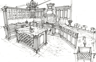 Hand-drawn custom kitchen design rendering