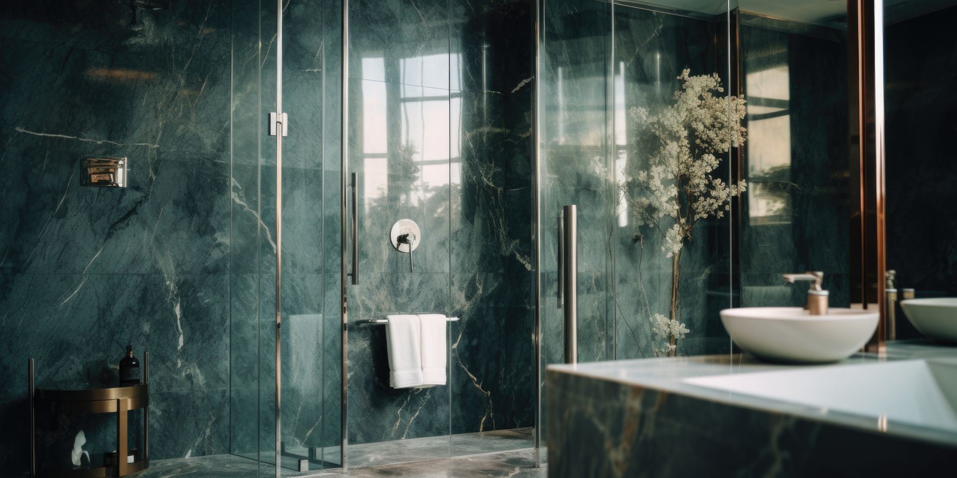 Modern remodeled bathroom with glass shower door