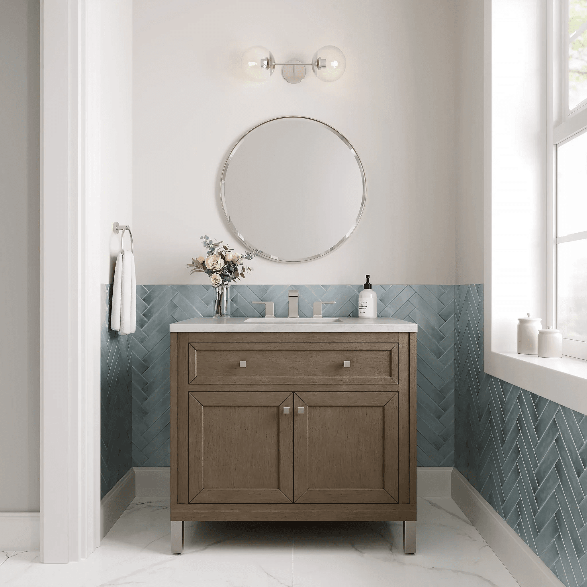 Modern single bath vanity with round mirror