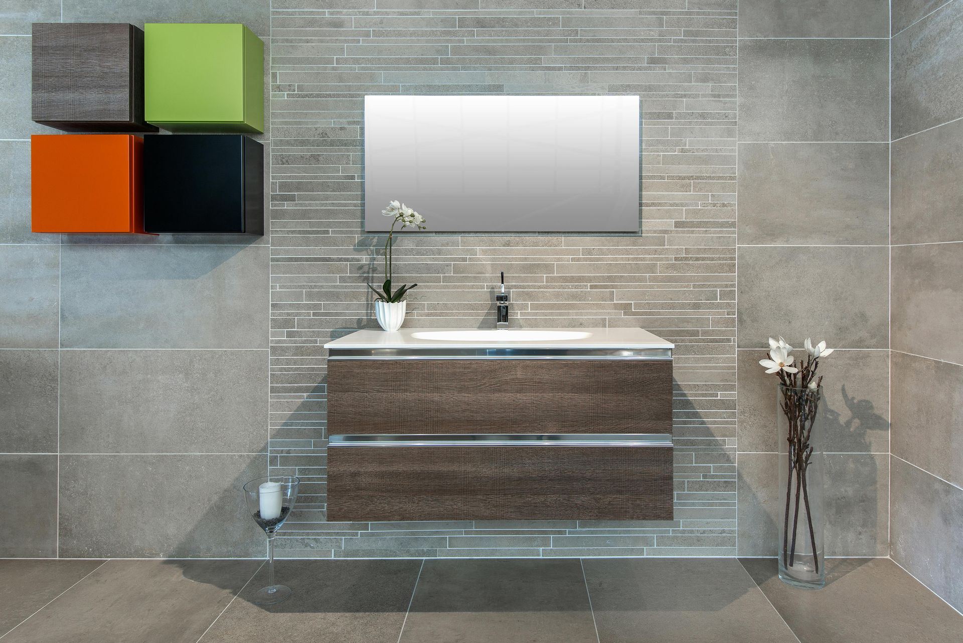 Custom floating vanity with modern wall storage