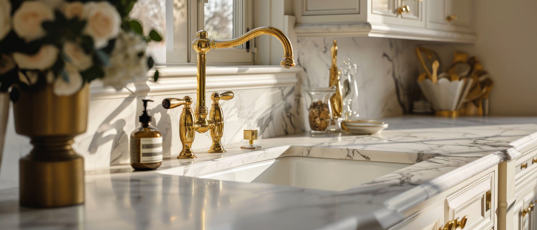 Custom kitchen sink with luxury gold faucet