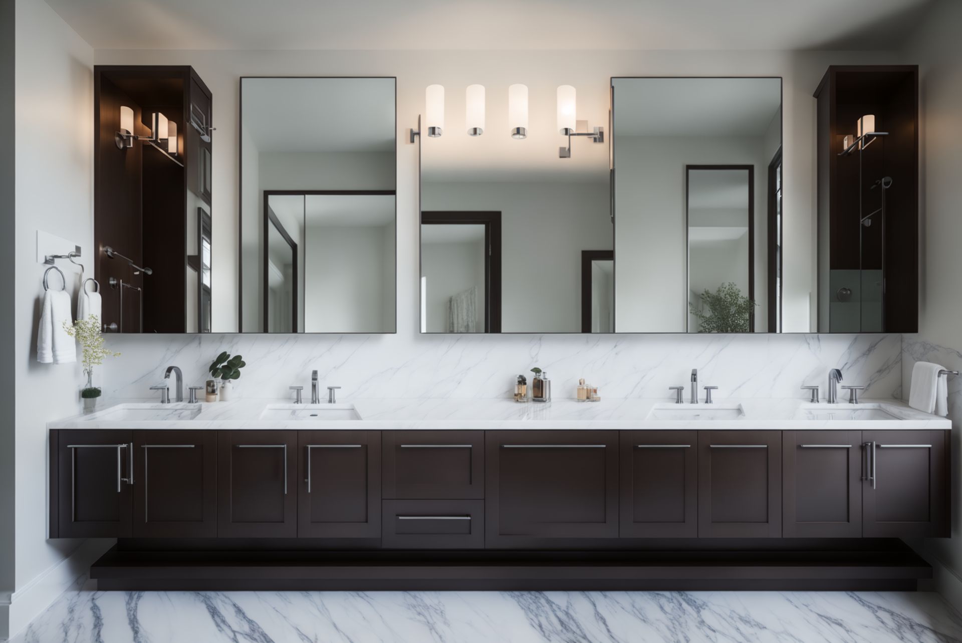 Floating espresso double vanity with a marble backsplash and tall mirrors