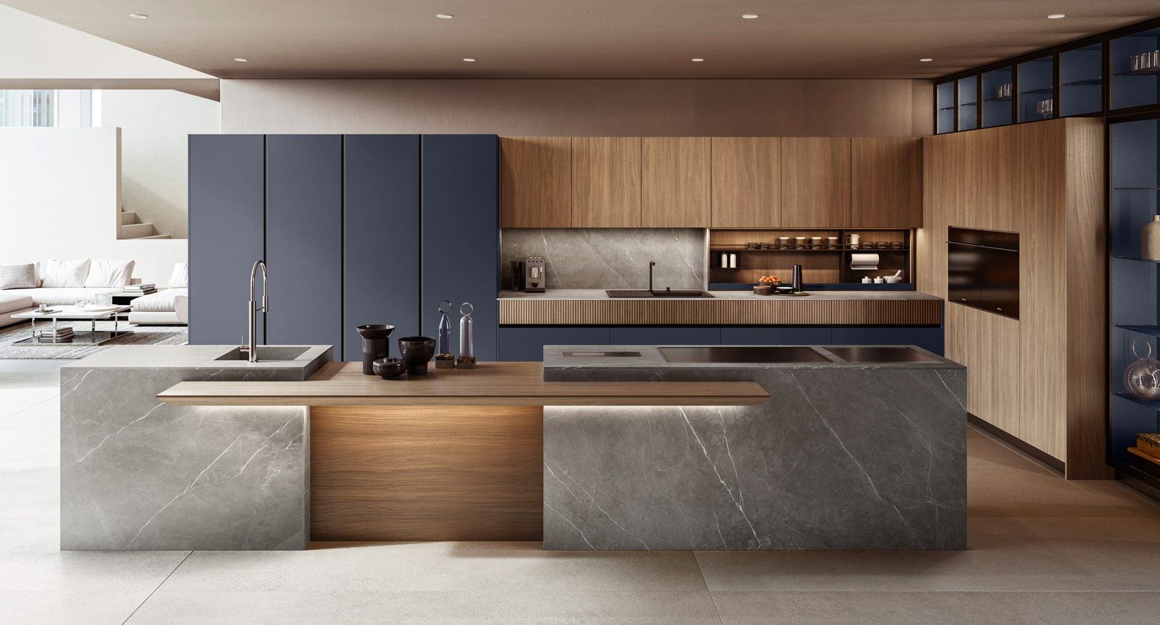 Custom kitchen remodel with wood and navy cabinetry